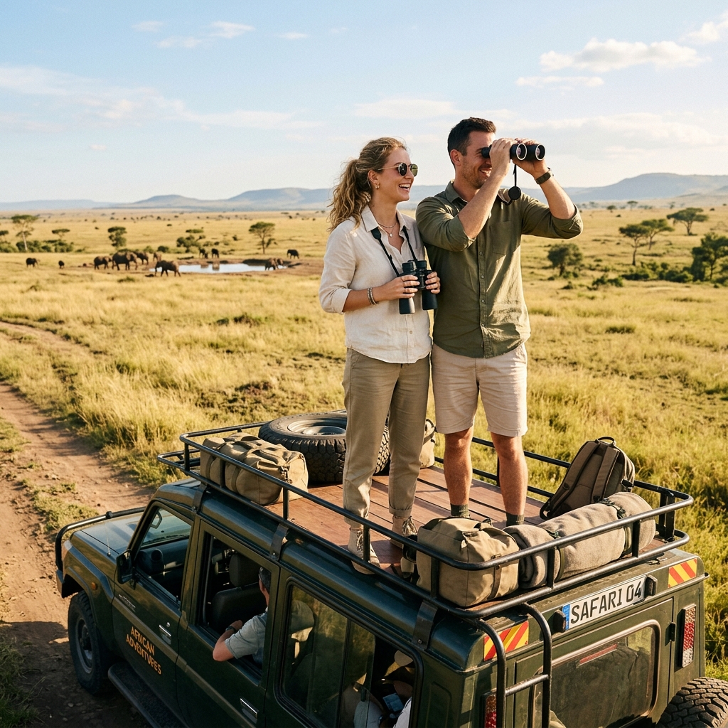 Couple on Safari Roof looking through binoculars