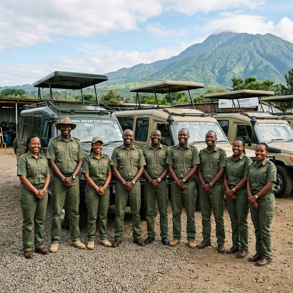 African Nomad Safari Guides team standing in olive-green uniforms next to safari cruisers